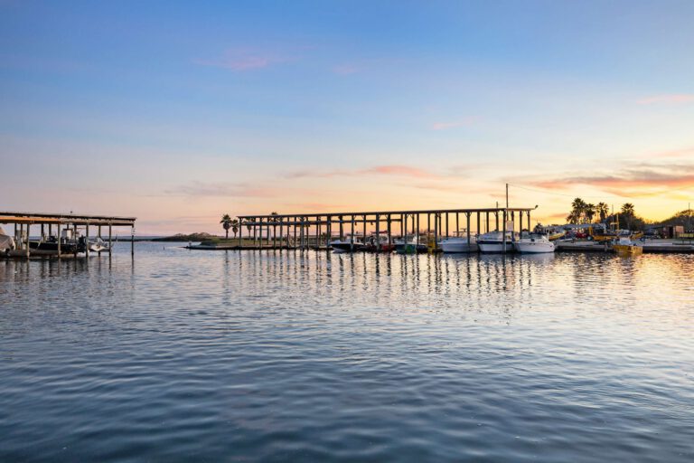 Sunset light across Bluff's Landing marina
