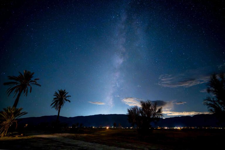 Palm-lined California Desert neighborhood beneath mountain light